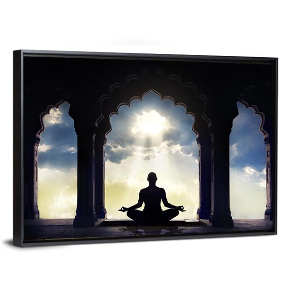 Meditating In Old Temple Canvas Wall Art-1 Piece-Floating Frame-24" x 16"-Tiaracle