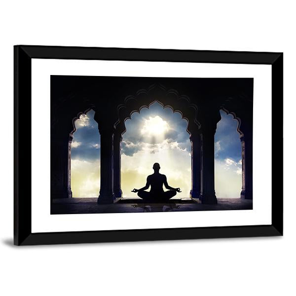 Meditating In Old Temple Canvas Wall Art-1 Piece-Framed Print-20" x 16"-Tiaracle