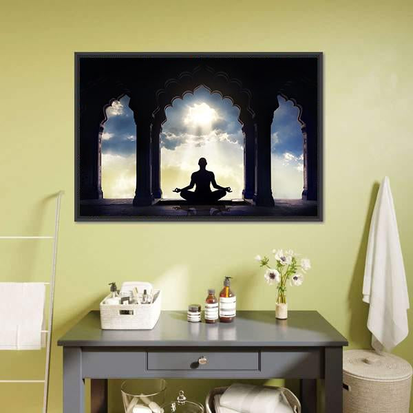 Meditating In Old Temple Canvas Wall Art-3 Horizontal-Gallery Wrap-25" x 16"-Tiaracle