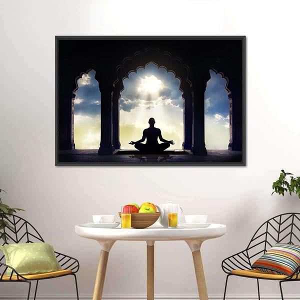 Meditating In Old Temple Canvas Wall Art-3 Horizontal-Gallery Wrap-25" x 16"-Tiaracle