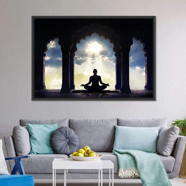 Meditating In Old Temple Canvas Wall Art-3 Horizontal-Gallery Wrap-25" x 16"-Tiaracle