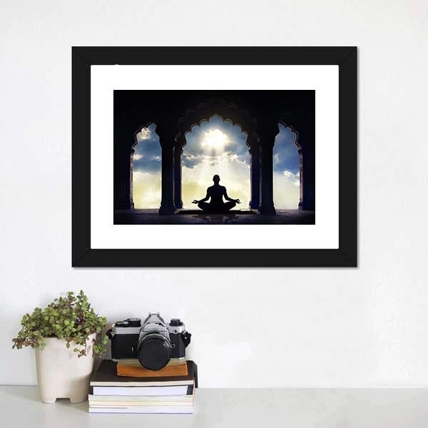 Meditating In Old Temple Canvas Wall Art-3 Horizontal-Gallery Wrap-25" x 16"-Tiaracle