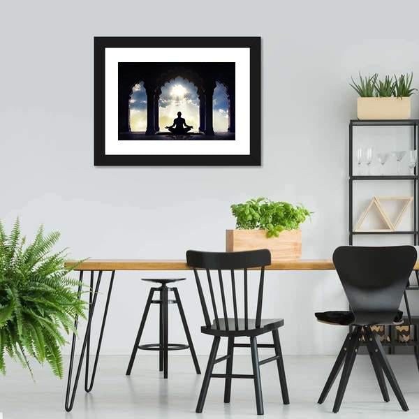 Meditating In Old Temple Canvas Wall Art-3 Horizontal-Gallery Wrap-25" x 16"-Tiaracle