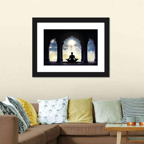 Meditating In Old Temple Canvas Wall Art-3 Horizontal-Gallery Wrap-25" x 16"-Tiaracle