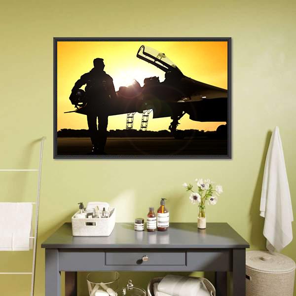 Military Pilot On Airfield Canvas Wall Art-3 Horizontal-Gallery Wrap-25" x 16"-Tiaracle