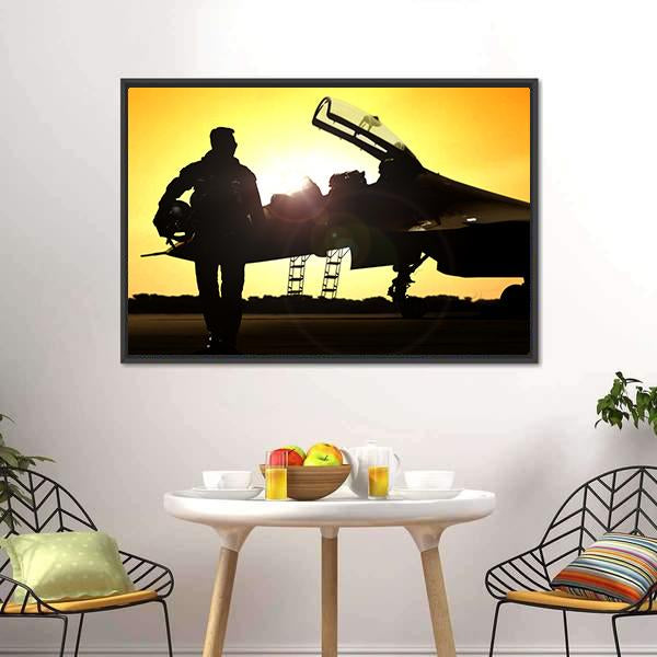 Military Pilot On Airfield Canvas Wall Art-3 Horizontal-Gallery Wrap-25" x 16"-Tiaracle