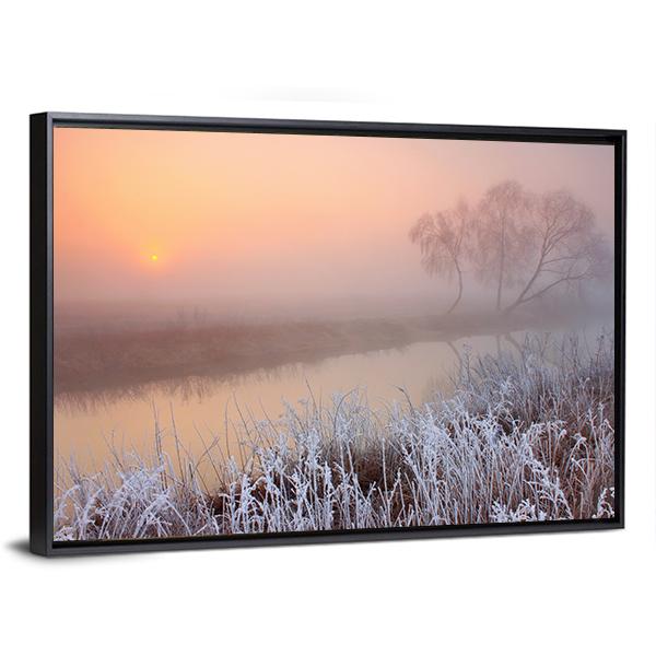 Misty Morning On River Canvas Wall Art-3 Horizontal-Gallery Wrap-25" x 16"-Tiaracle