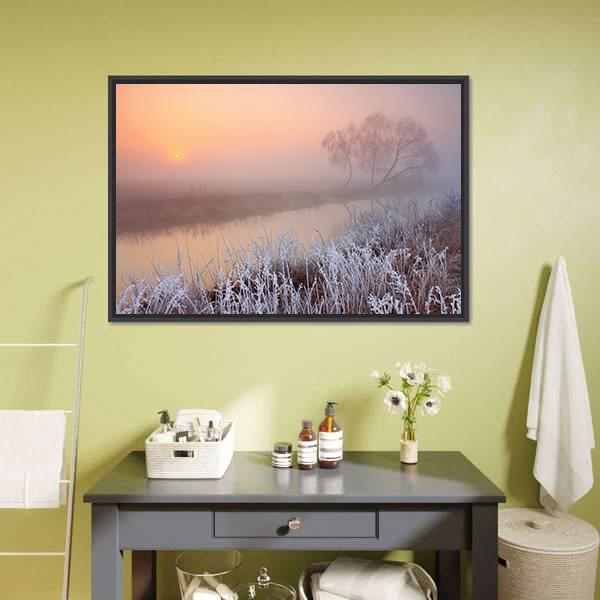 Misty Morning On River Canvas Wall Art-3 Horizontal-Gallery Wrap-25" x 16"-Tiaracle