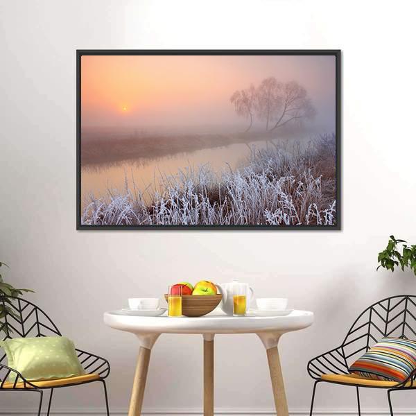 Misty Morning On River Canvas Wall Art-3 Horizontal-Gallery Wrap-25" x 16"-Tiaracle