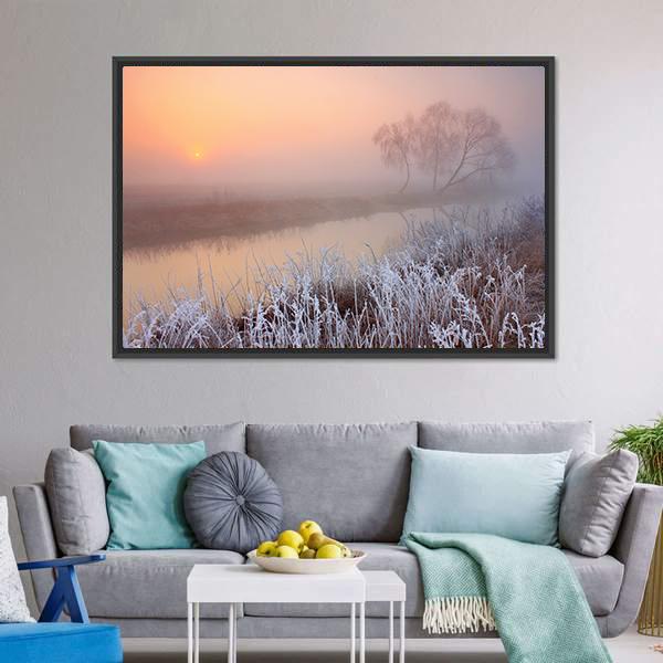 Misty Morning On River Canvas Wall Art-3 Horizontal-Gallery Wrap-25" x 16"-Tiaracle