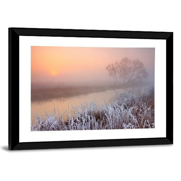 Misty Morning On River Canvas Wall Art-3 Horizontal-Gallery Wrap-25" x 16"-Tiaracle