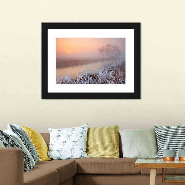 Misty Morning On River Canvas Wall Art-3 Horizontal-Gallery Wrap-25" x 16"-Tiaracle