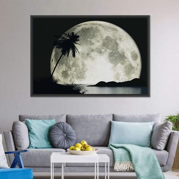 Moon Island With Palm Canvas Wall Art-3 Horizontal-Gallery Wrap-25" x 16"-Tiaracle