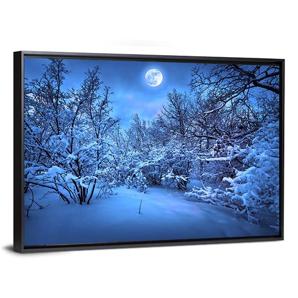 Moon Light In Winter Forest Canvas Wall Art-3 Horizontal-Gallery Wrap-25" x 16"-Tiaracle