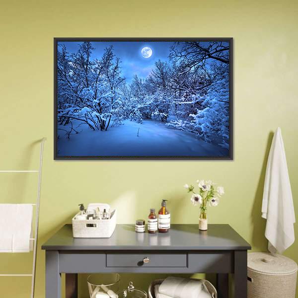 Moon Light In Winter Forest Canvas Wall Art-3 Horizontal-Gallery Wrap-25" x 16"-Tiaracle