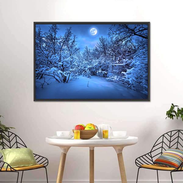 Moon Light In Winter Forest Canvas Wall Art-3 Horizontal-Gallery Wrap-25" x 16"-Tiaracle