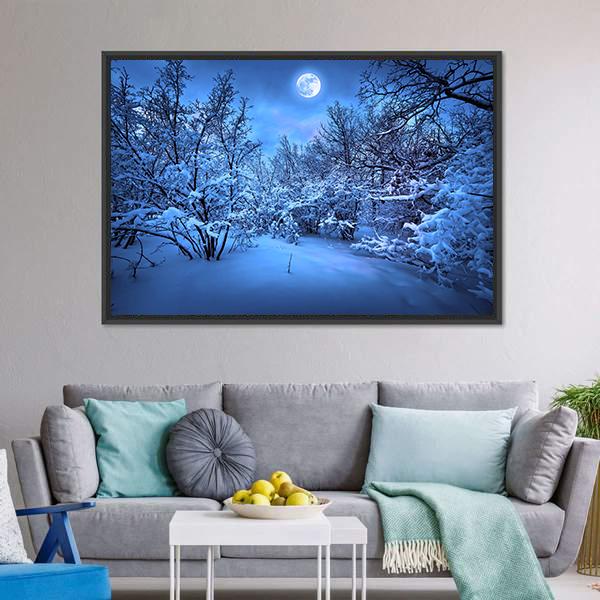 Moon Light In Winter Forest Canvas Wall Art-3 Horizontal-Gallery Wrap-25" x 16"-Tiaracle