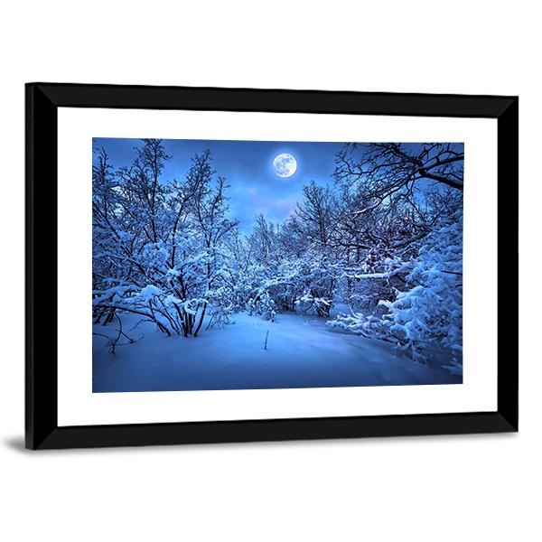 Moon Light In Winter Forest Canvas Wall Art-3 Horizontal-Gallery Wrap-25" x 16"-Tiaracle