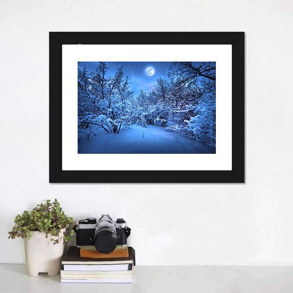 Moon Light In Winter Forest Canvas Wall Art-3 Horizontal-Gallery Wrap-25" x 16"-Tiaracle