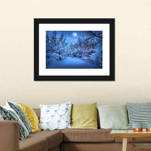 Moon Light In Winter Forest Canvas Wall Art-3 Horizontal-Gallery Wrap-25" x 16"-Tiaracle