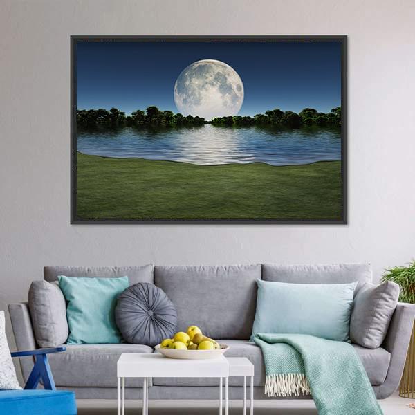 Moon Rise Over Lake Canvas Wall Art-3 Horizontal-Gallery Wrap-25" x 16"-Tiaracle