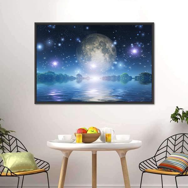 Moon Rise Over Water Canvas Wall Art-3 Horizontal-Gallery Wrap-25" x 16"-Tiaracle