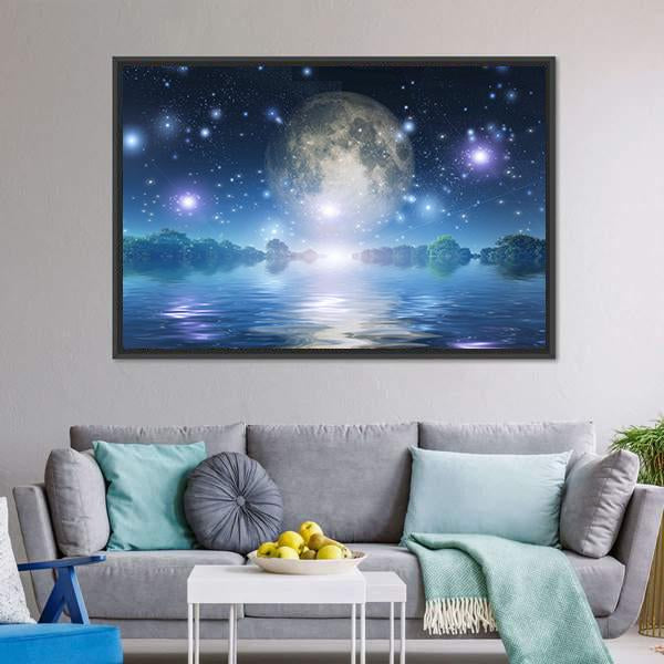 Moon Rise Over Water Canvas Wall Art-3 Horizontal-Gallery Wrap-25" x 16"-Tiaracle