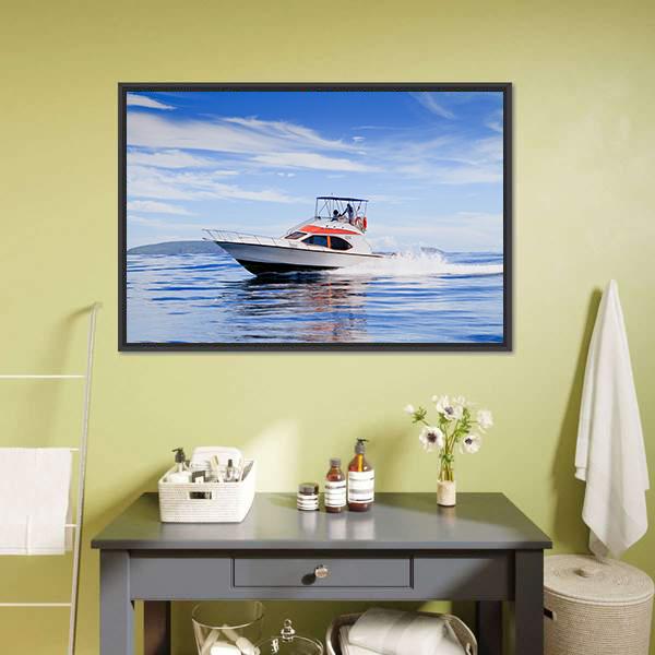 Motorboat In Ocean Canvas Wall Art-3 Horizontal-Gallery Wrap-25" x 16"-Tiaracle