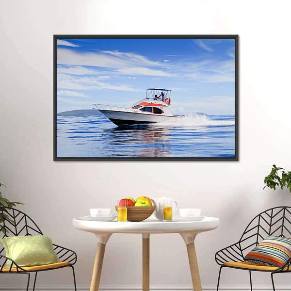 Motorboat In Ocean Canvas Wall Art-3 Horizontal-Gallery Wrap-25" x 16"-Tiaracle