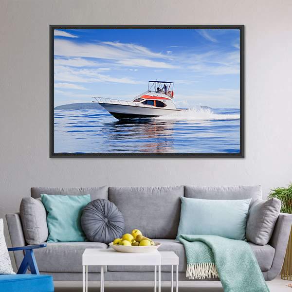 Motorboat In Ocean Canvas Wall Art-3 Horizontal-Gallery Wrap-25" x 16"-Tiaracle