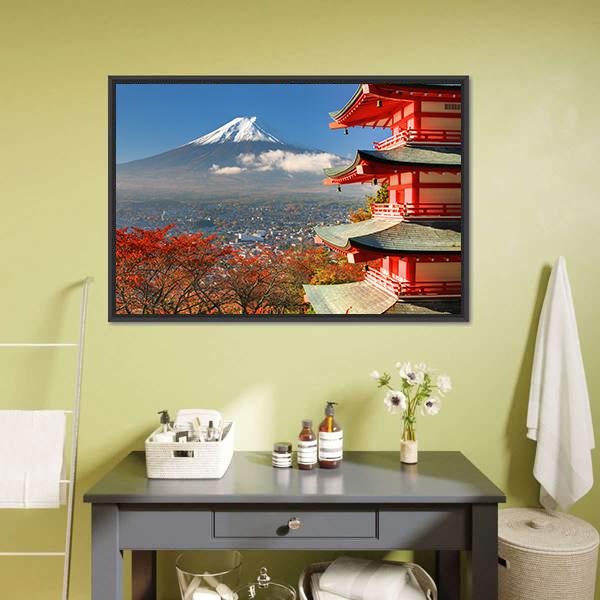 Mount Fuji & Chureito Pagoda Canvas Wall Art-3 Horizontal-Gallery Wrap-25" x 16"-Tiaracle