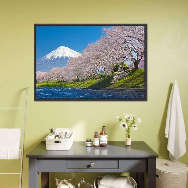 Mountain Fuji & Cherry Blossom Canvas Wall Art-3 Horizontal-Gallery Wrap-25" x 16"-Tiaracle