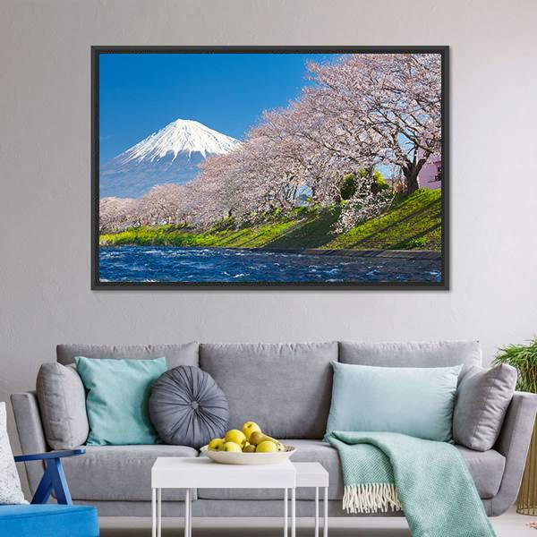 Mountain Fuji & Cherry Blossom Canvas Wall Art-3 Horizontal-Gallery Wrap-25" x 16"-Tiaracle