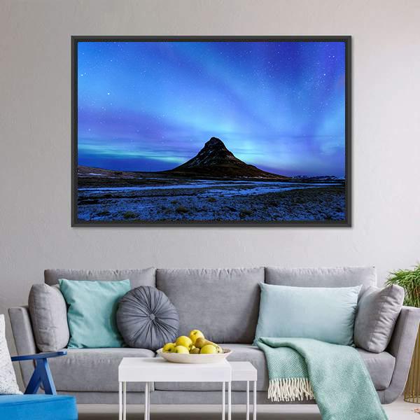 Mountain Kirkjufell & Aurora Canvas Wall Art-3 Horizontal-Gallery Wrap-25" x 16"-Tiaracle