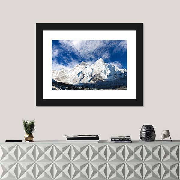 Panoramic View Of Mount Everest With Beautiful Sky And Khumbu Glacier Canvas Wall Art-1 Piece-Framed Print-20" x 16"-Tiaracle