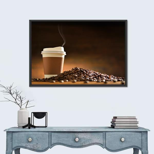 Paper Cup Of Coffee With Smoke And Coffee Beans Canvas Wall Art-1 Piece-Floating Frame-24" x 16"-Tiaracle