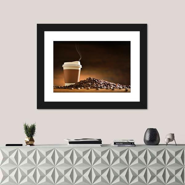 Paper Cup Of Coffee With Smoke And Coffee Beans Canvas Wall Art-1 Piece-Framed Print-20" x 16"-Tiaracle