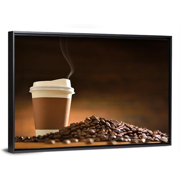 Paper Cup Of Coffee With Smoke And Coffee Beans Canvas Wall Art-3 Horizontal-Gallery Wrap-25" x 16"-Tiaracle