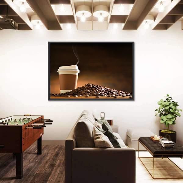 Paper Cup Of Coffee With Smoke And Coffee Beans Canvas Wall Art-3 Horizontal-Gallery Wrap-25" x 16"-Tiaracle