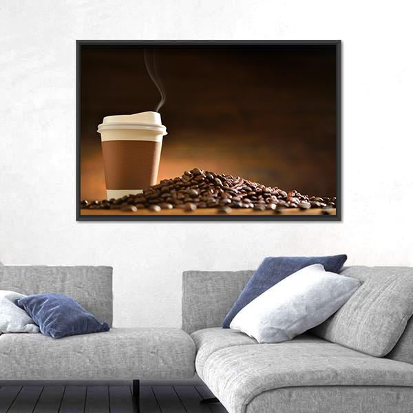 Paper Cup Of Coffee With Smoke And Coffee Beans Canvas Wall Art-3 Horizontal-Gallery Wrap-25" x 16"-Tiaracle