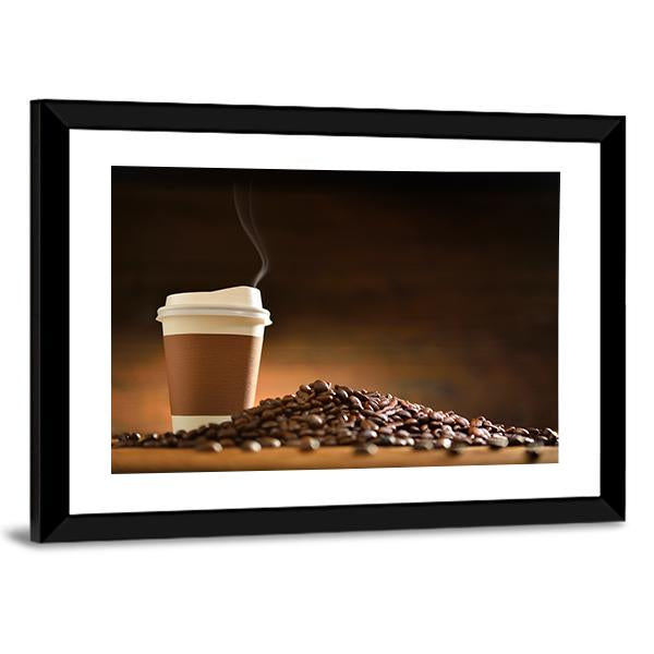 Paper Cup Of Coffee With Smoke And Coffee Beans Canvas Wall Art-3 Horizontal-Gallery Wrap-25" x 16"-Tiaracle