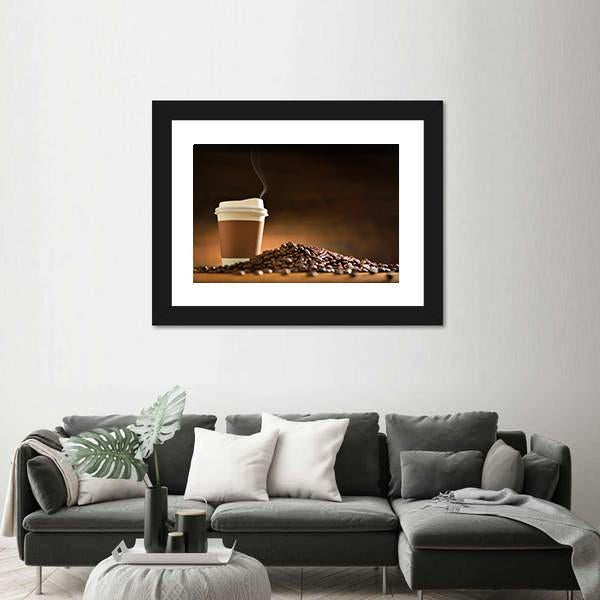 Paper Cup Of Coffee With Smoke And Coffee Beans Canvas Wall Art-3 Horizontal-Gallery Wrap-25" x 16"-Tiaracle