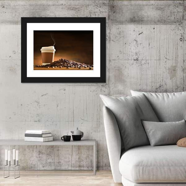 Paper Cup Of Coffee With Smoke And Coffee Beans Canvas Wall Art-3 Horizontal-Gallery Wrap-25" x 16"-Tiaracle