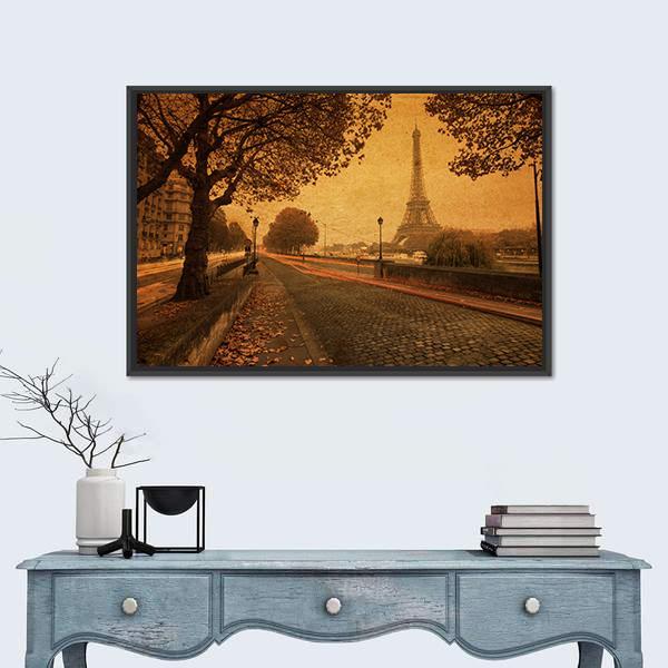 Paris At Dusk With Street And Eiffel Tower Paris France Canvas Wall Art-1 Piece-Floating Frame-24" x 16"-Tiaracle