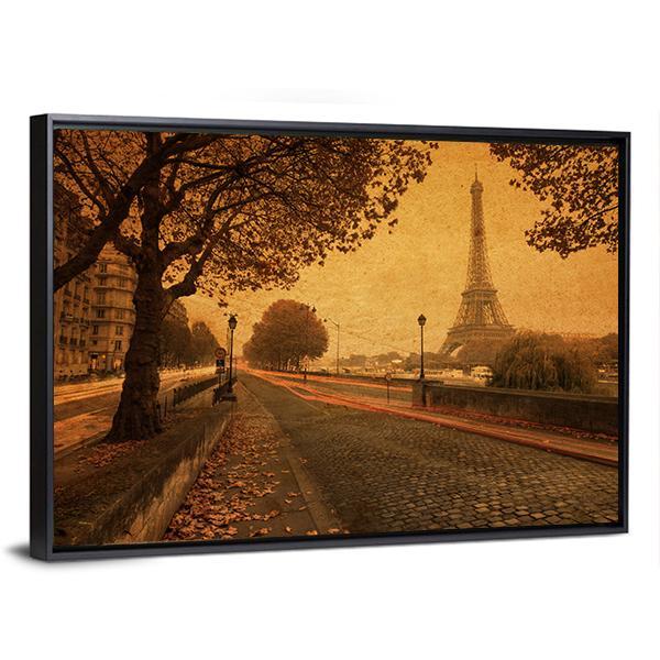 Paris At Dusk With Street And Eiffel Tower Paris France Canvas Wall Art-3 Horizontal-Gallery Wrap-25" x 16"-Tiaracle