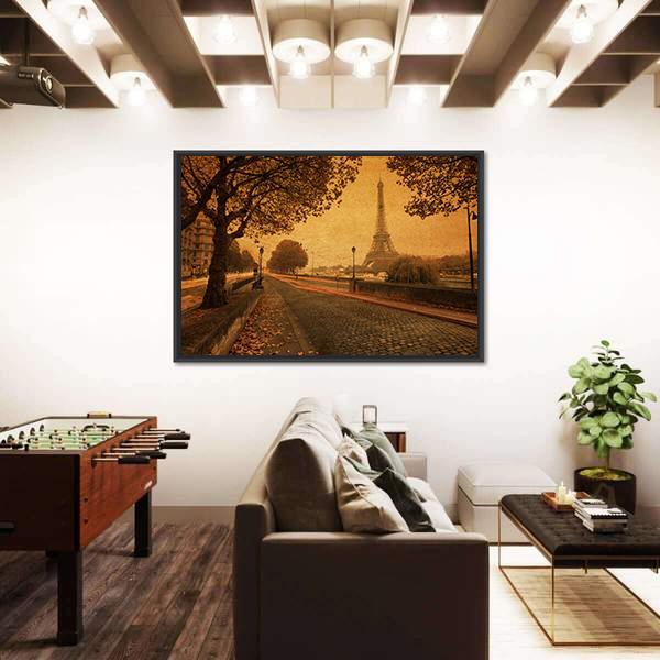 Paris At Dusk With Street And Eiffel Tower Paris France Canvas Wall Art-3 Horizontal-Gallery Wrap-25" x 16"-Tiaracle