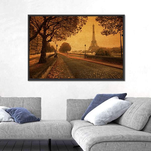 Paris At Dusk With Street And Eiffel Tower Paris France Canvas Wall Art-3 Horizontal-Gallery Wrap-25" x 16"-Tiaracle