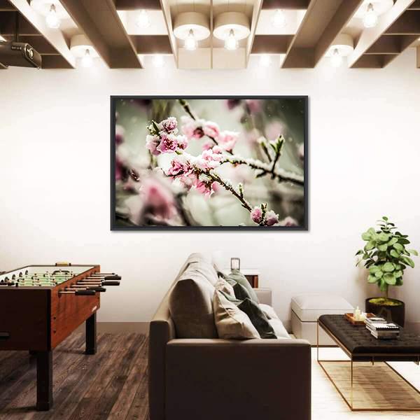 Peach Blossom Covered In Snow Canvas Wall Art-3 Horizontal-Gallery Wrap-25" x 16"-Tiaracle