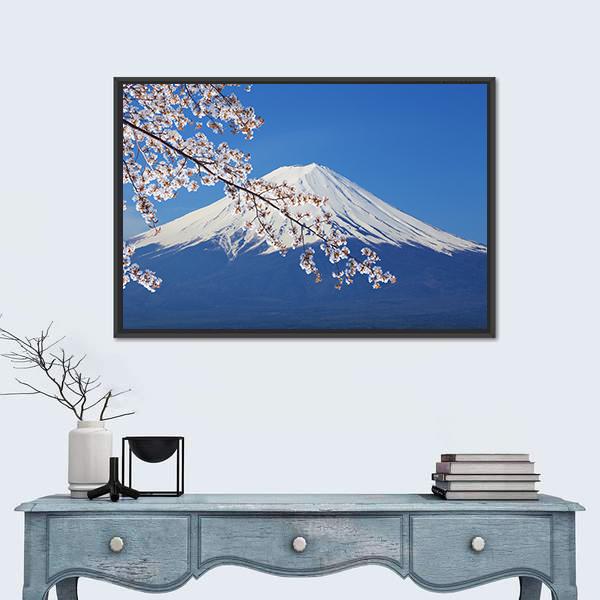 Peak Of Mount Fuji With Cherry Blossom Canvas Wall Art-1 Piece-Floating Frame-24" x 16"-Tiaracle