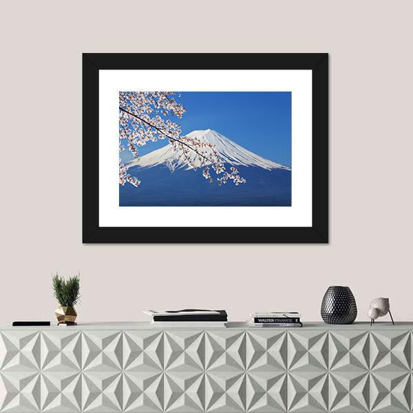 Peak Of Mount Fuji With Cherry Blossom Canvas Wall Art-1 Piece-Framed Print-20" x 16"-Tiaracle